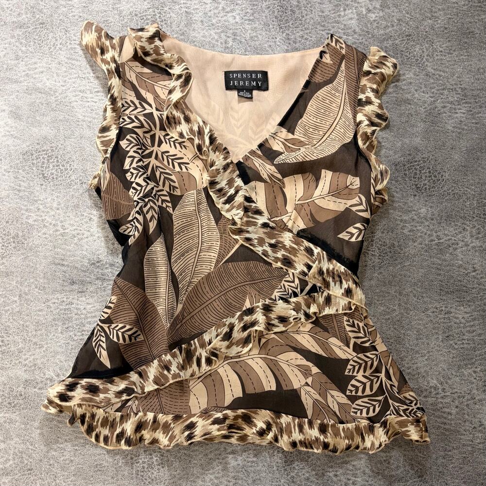 Vintage Silk Brown Patchwork Wrap Ruffle Blouse